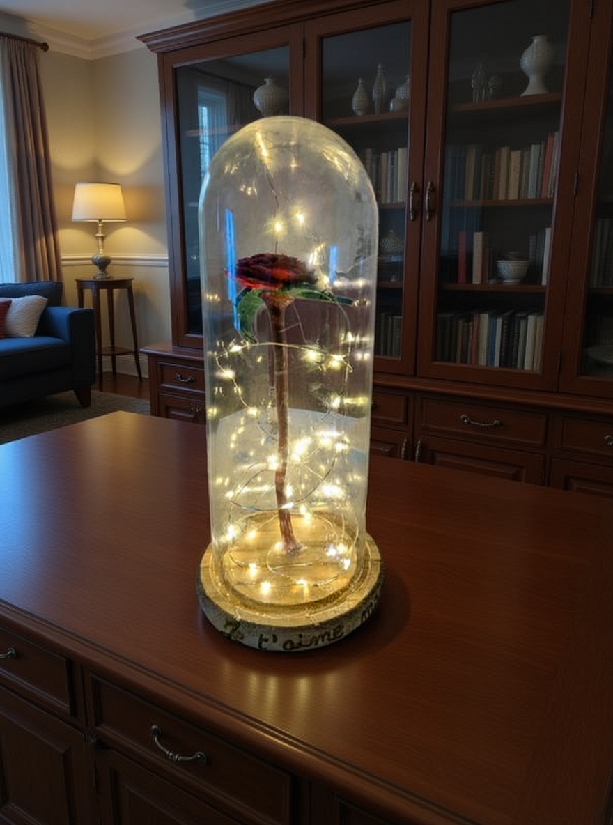 Cloche En Verre Lumineuse Led Fleur De Camelia